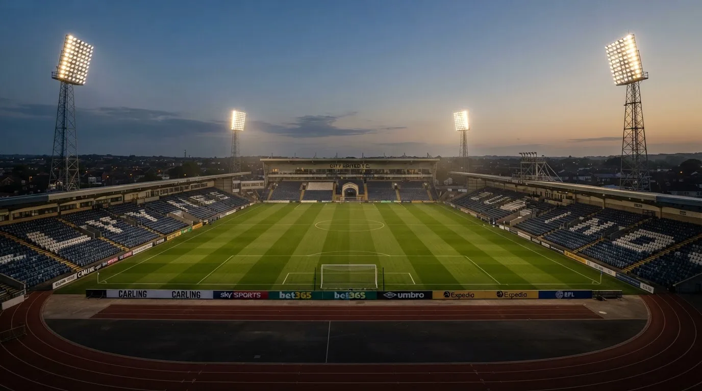 An empty football stadium with floodlight masts at dusk