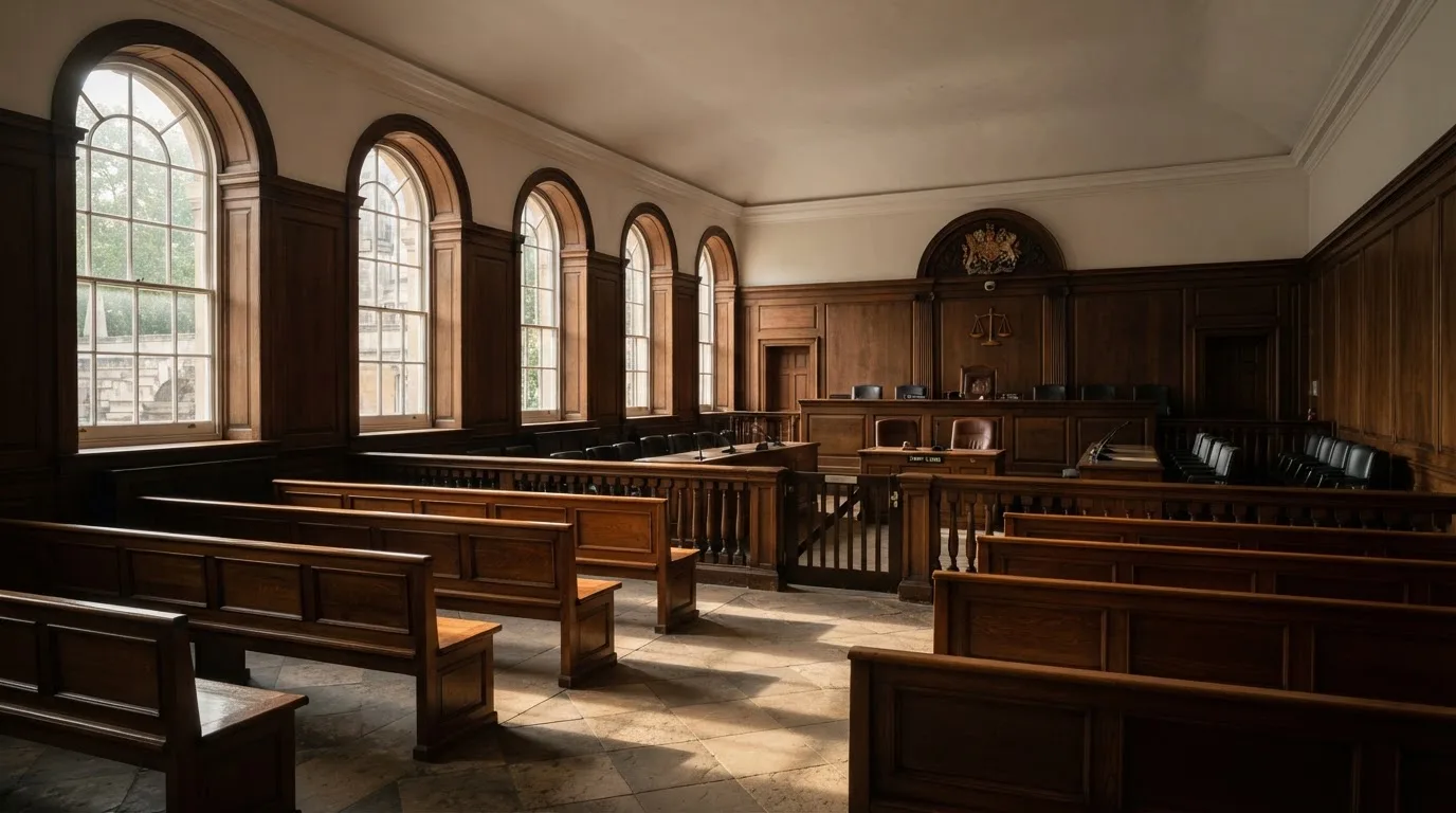 An empty courtroom with wooden benches in morning light