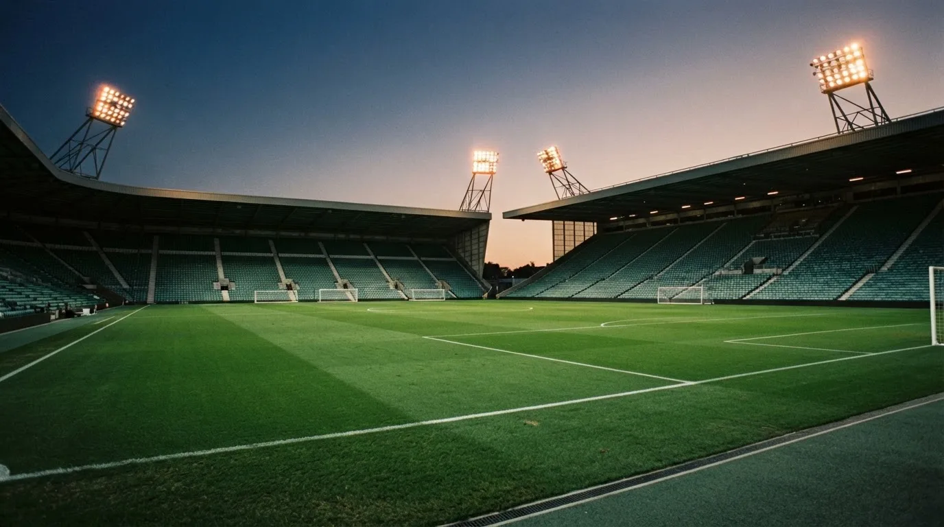 An empty football stadium with floodlight masts at dusk