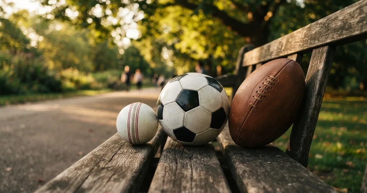 Three balls of different kinds side by side on a wooden bench