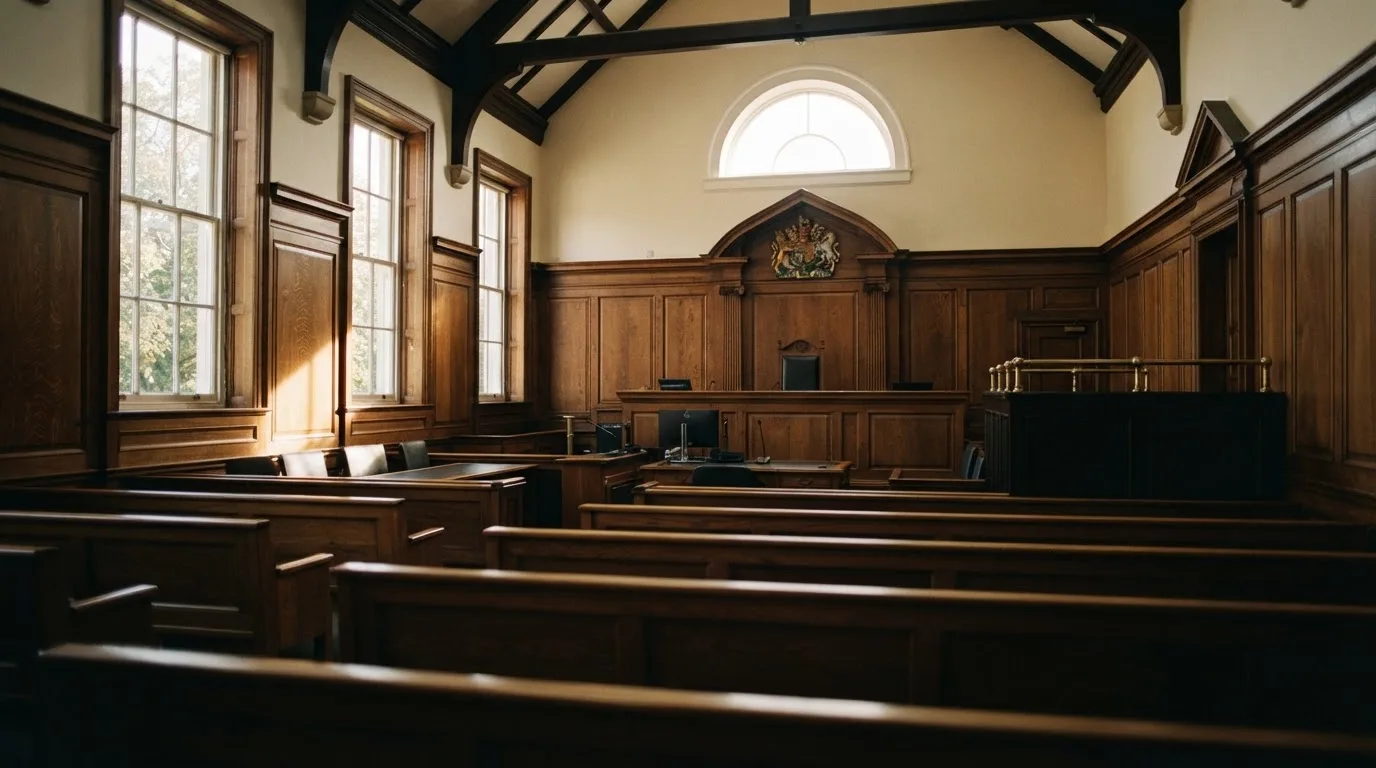 An empty courtroom with wooden benches in morning light