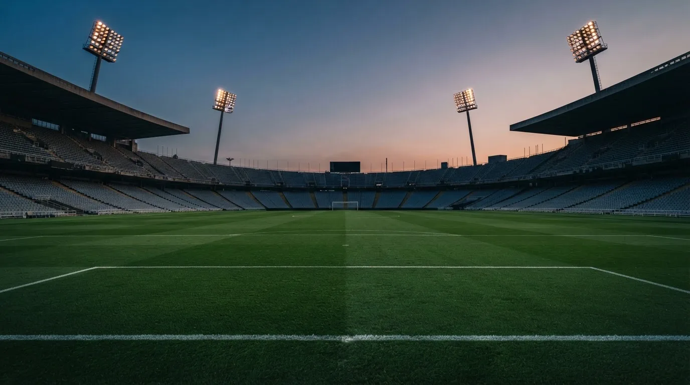 An empty football stadium with floodlight masts at dusk