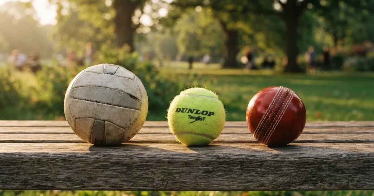 Three balls of different kinds side by side on a wooden bench