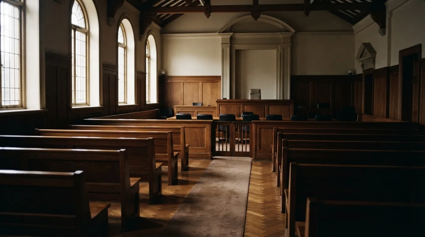 An empty courtroom with wooden benches in morning light