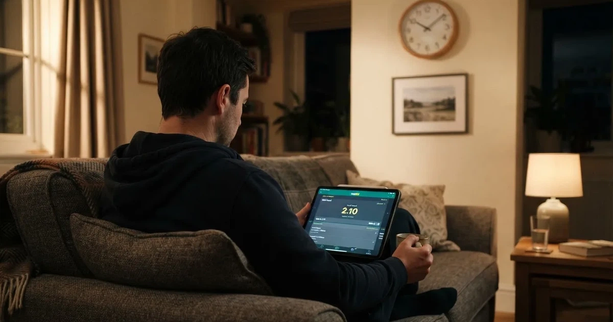 A person on a sofa looking thoughtfully at a tablet, a wall clock in the background