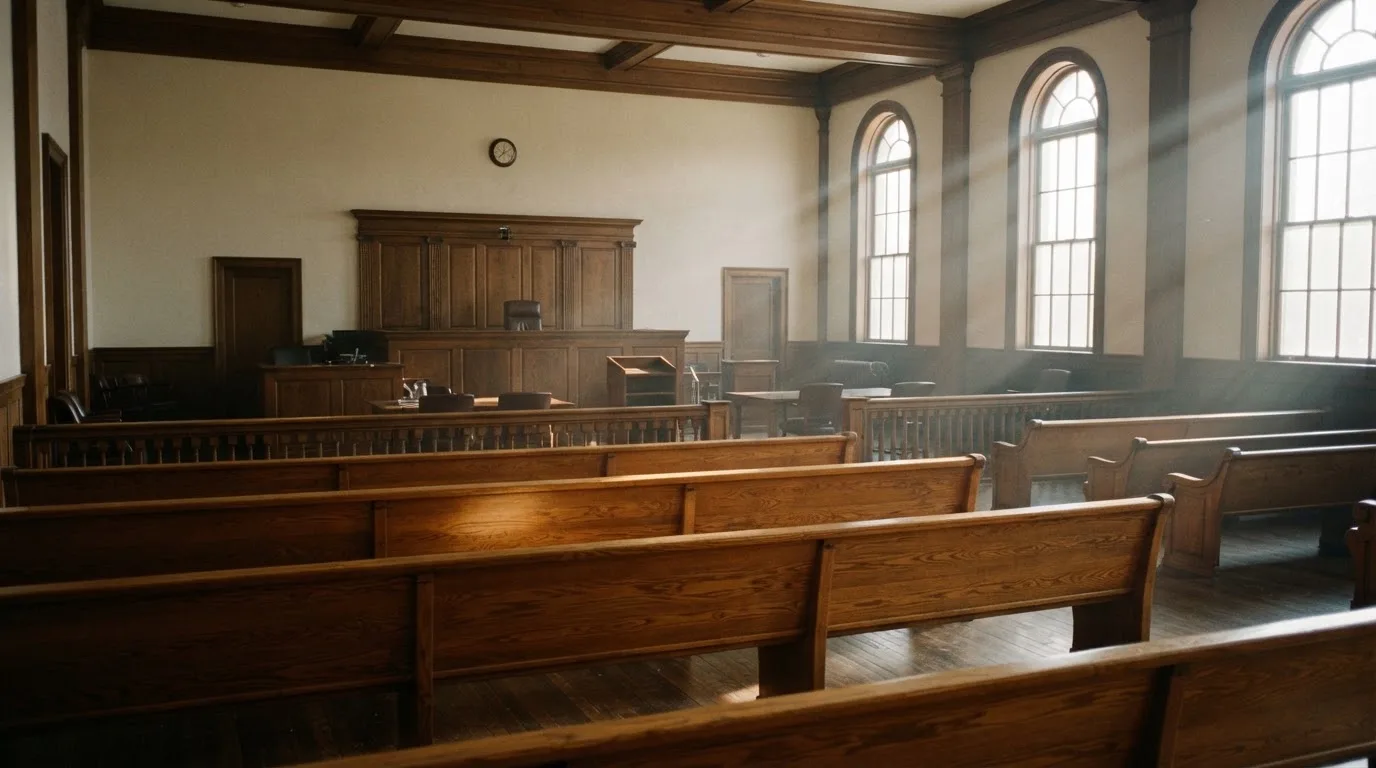 An empty courtroom with wooden benches in morning light
