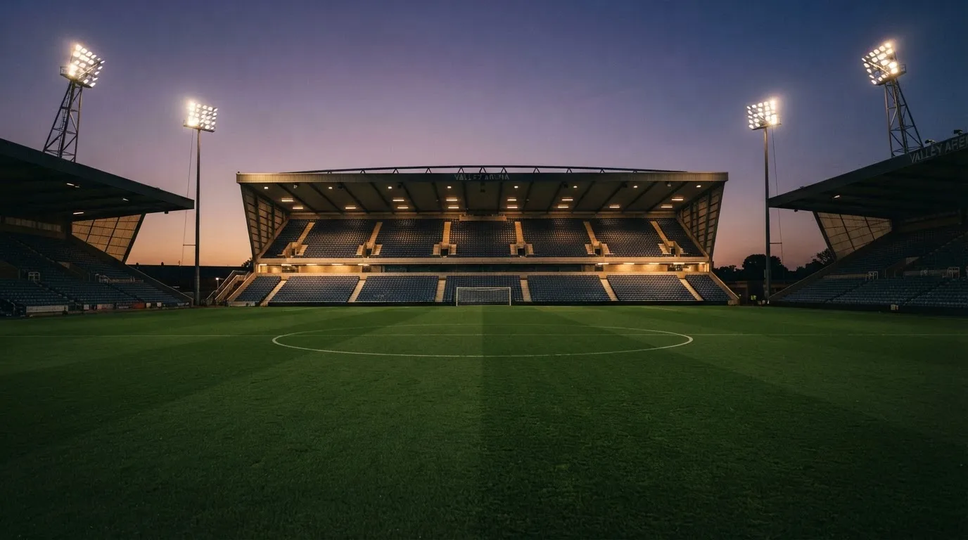 An empty football stadium with floodlight masts at dusk