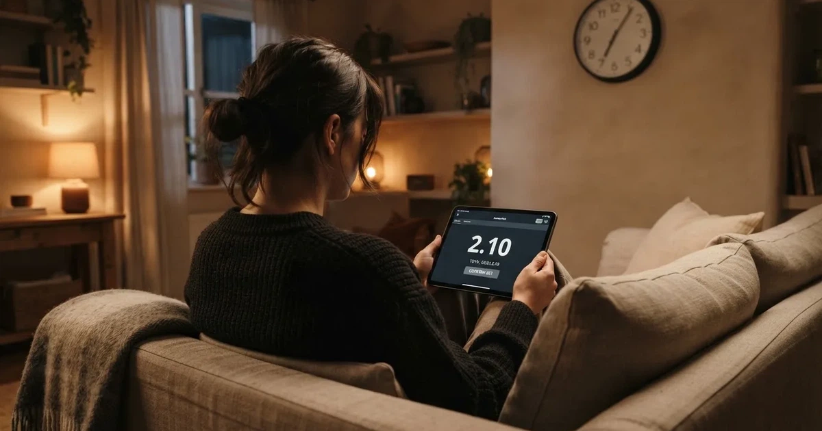 A person on a sofa looking thoughtfully at a tablet, a wall clock in the background