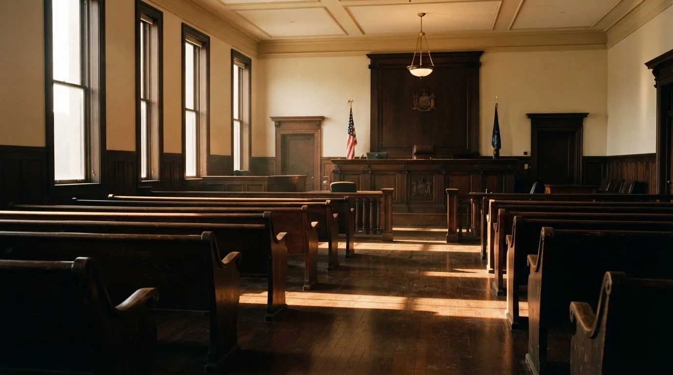 An empty courtroom with wooden benches in morning light