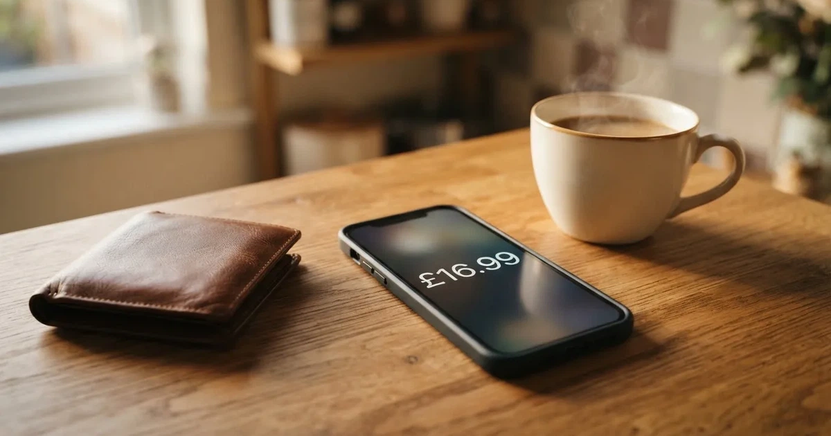 A smartphone on a wooden table beside a wallet and a coffee cup