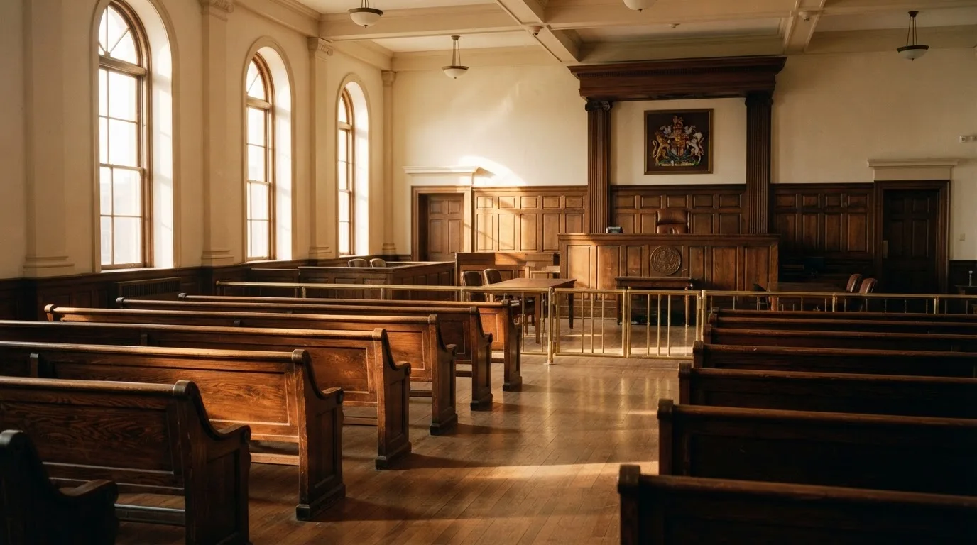 An empty courtroom with wooden benches in morning light