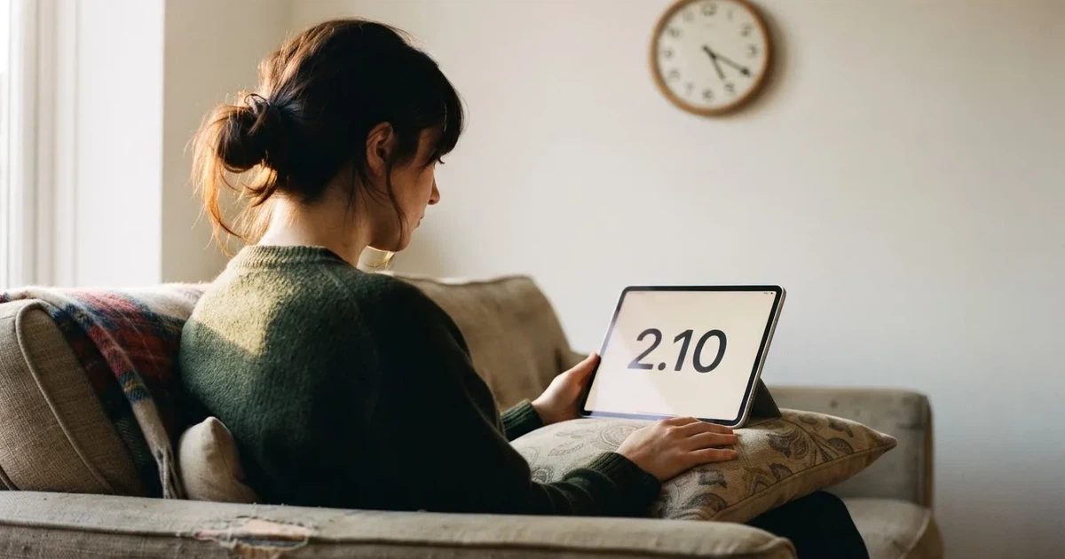 A person on a sofa looking thoughtfully at a tablet, a wall clock in the background