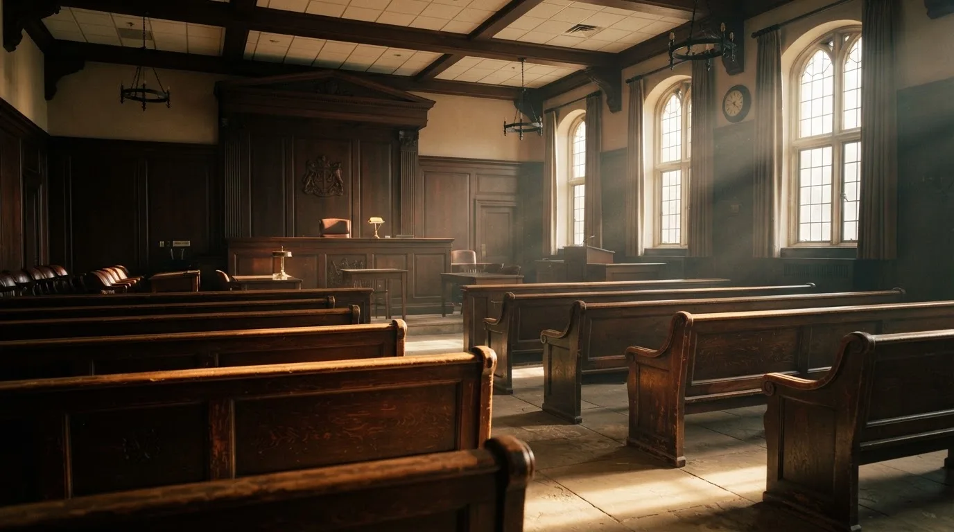 An empty courtroom with wooden benches in morning light