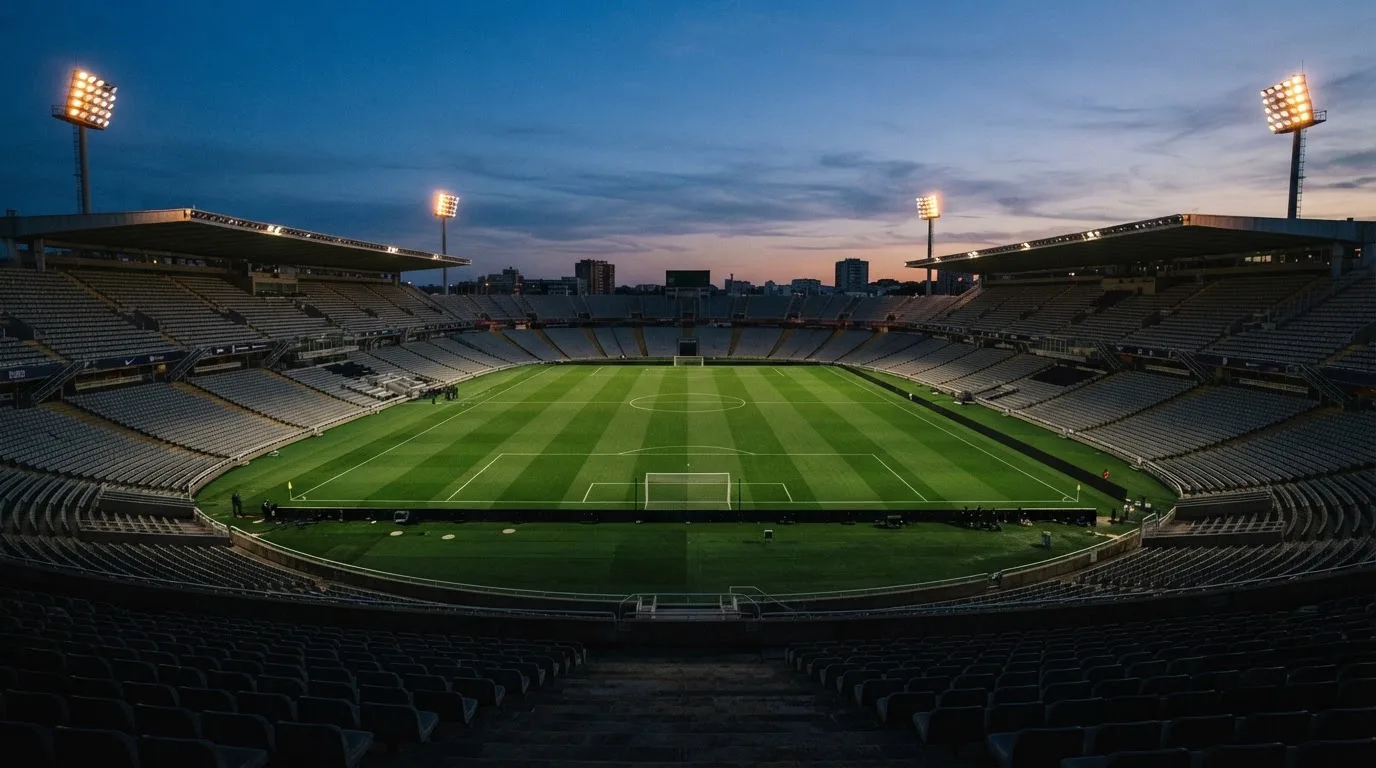 An empty football stadium with floodlight masts at dusk