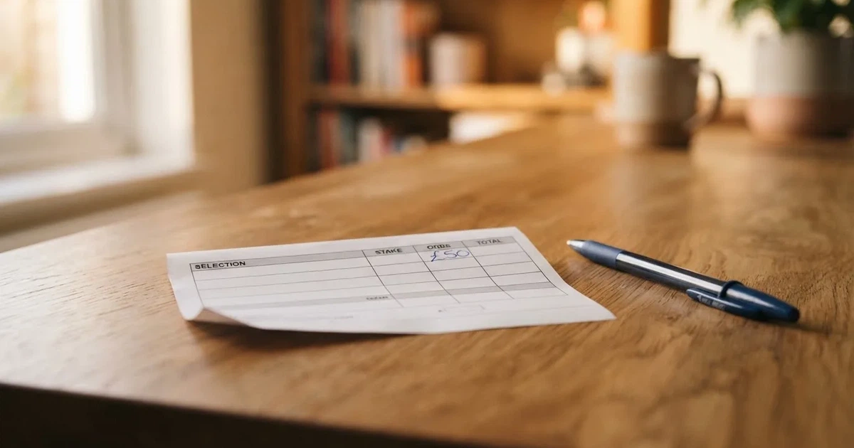 A blank paper betting slip beside a pen on a wooden counter