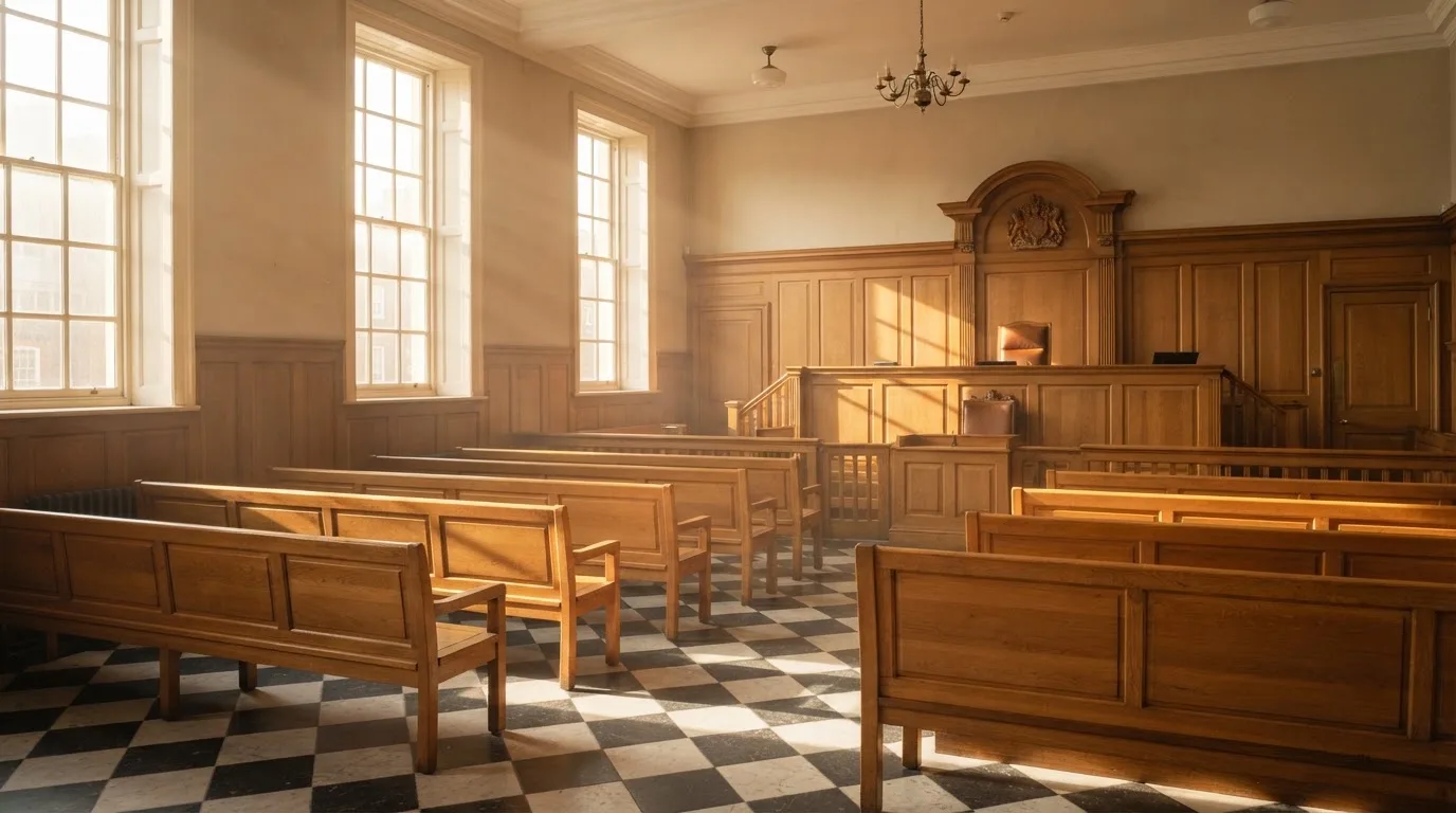 An empty courtroom with wooden benches in morning light