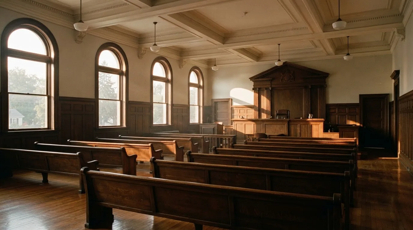 An empty courtroom with wooden benches in morning light