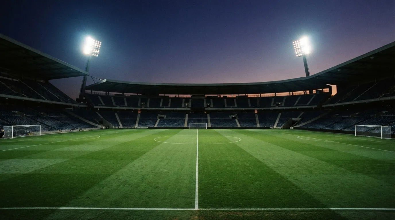 An empty football stadium with floodlight masts at dusk