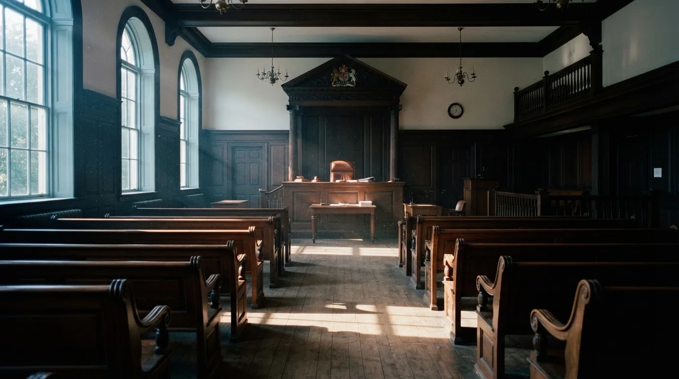An empty courtroom with wooden benches in morning light