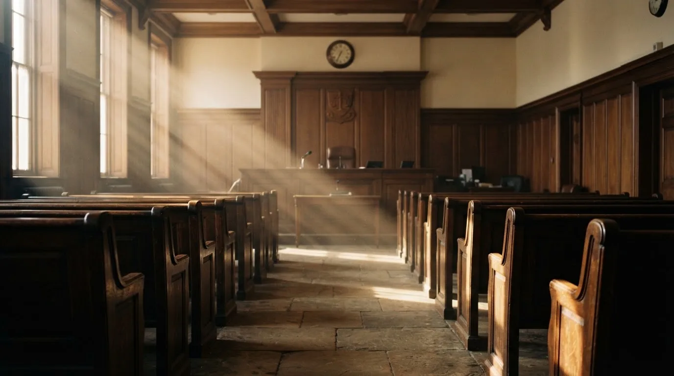 An empty courtroom with wooden benches in morning light
