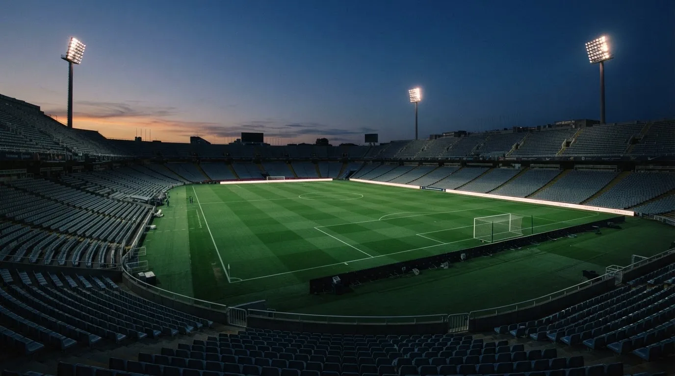 An empty football stadium with floodlight masts at dusk