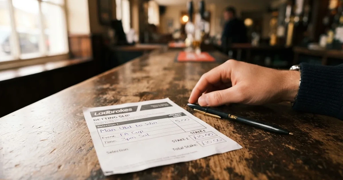 A blank paper betting slip beside a pen on a wooden counter