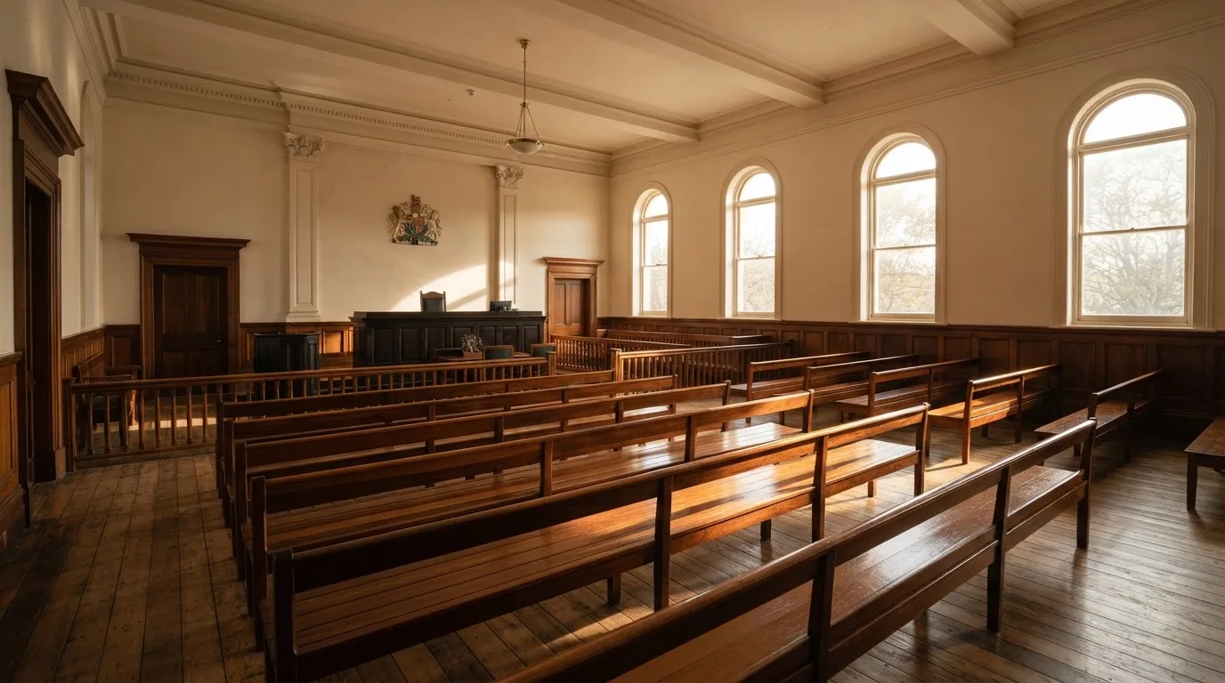 An empty courtroom with wooden benches in morning light