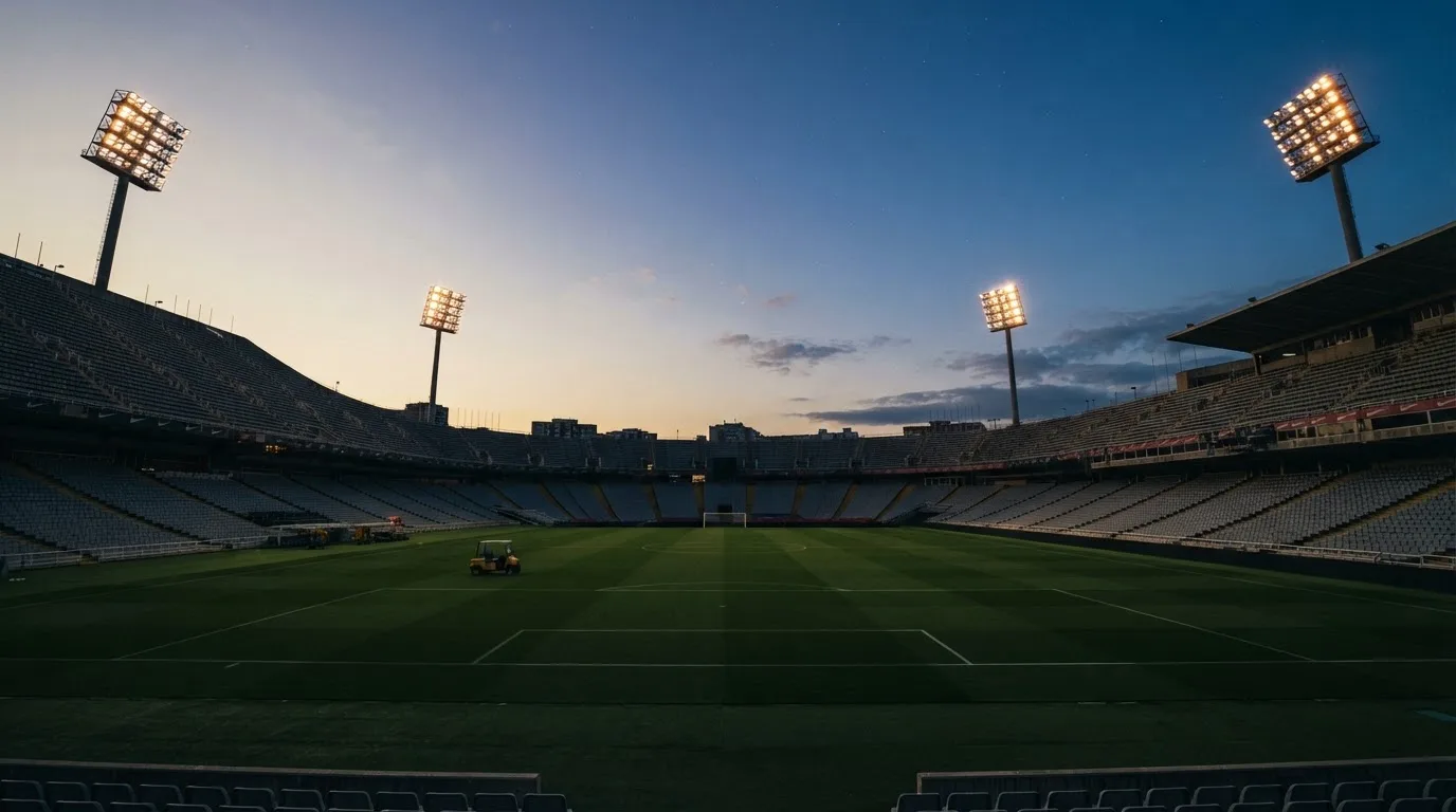 An empty football stadium with floodlight masts at dusk