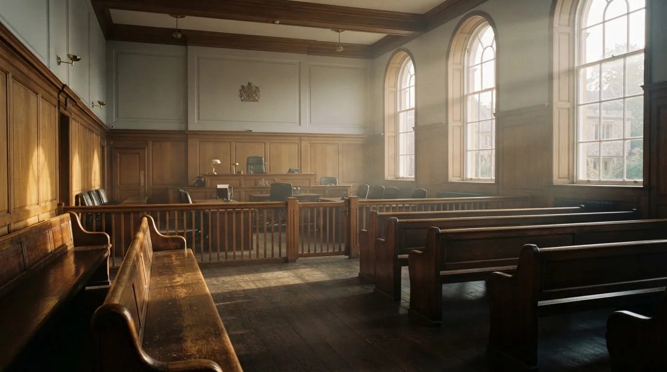An empty courtroom with wooden benches in morning light