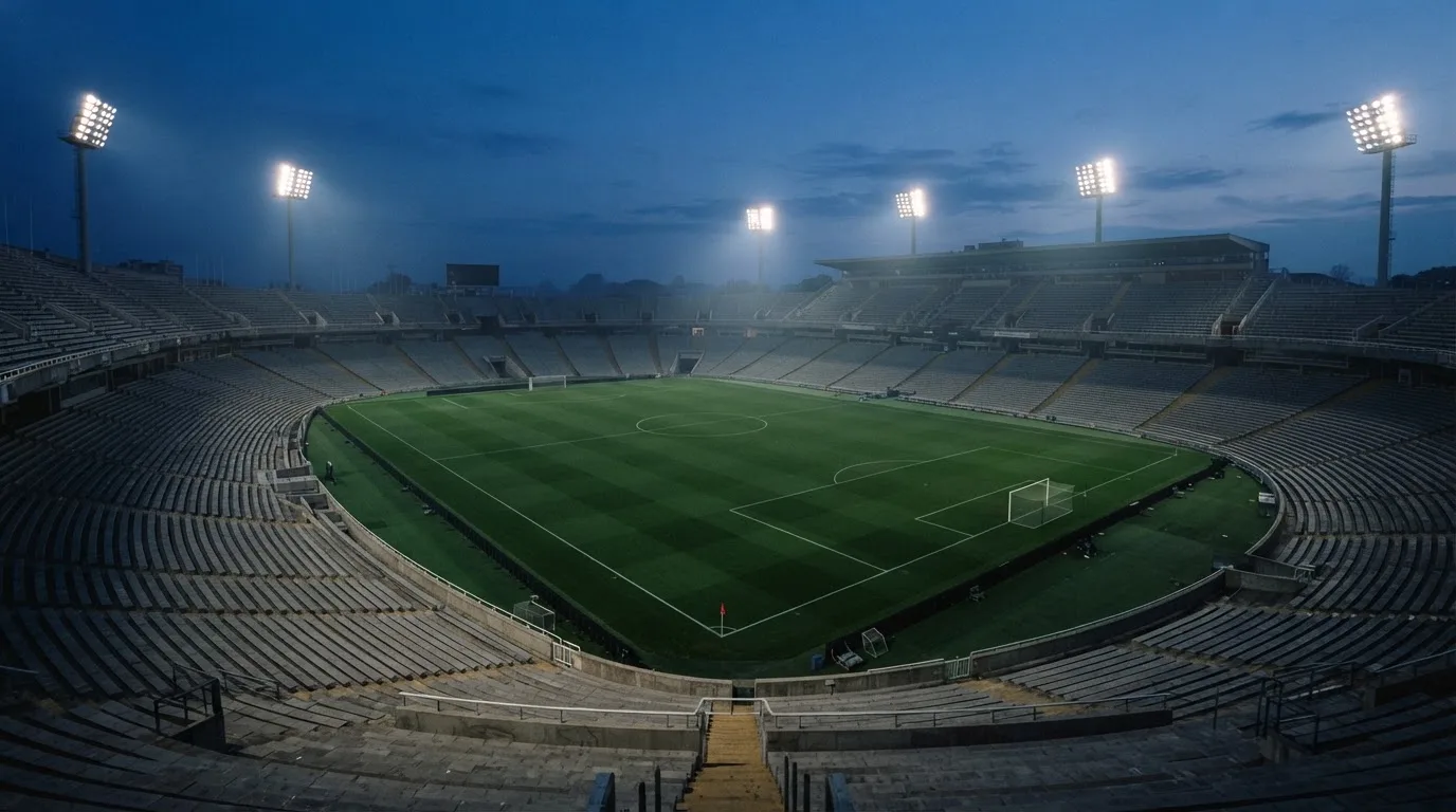 An empty football stadium with floodlight masts at dusk