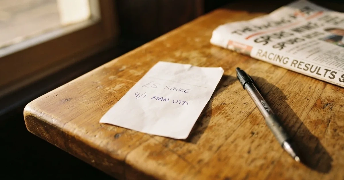 A blank paper betting slip beside a pen on a wooden counter