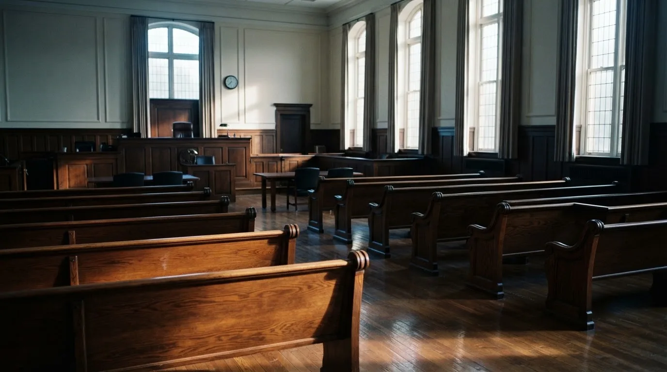 An empty courtroom with wooden benches in morning light
