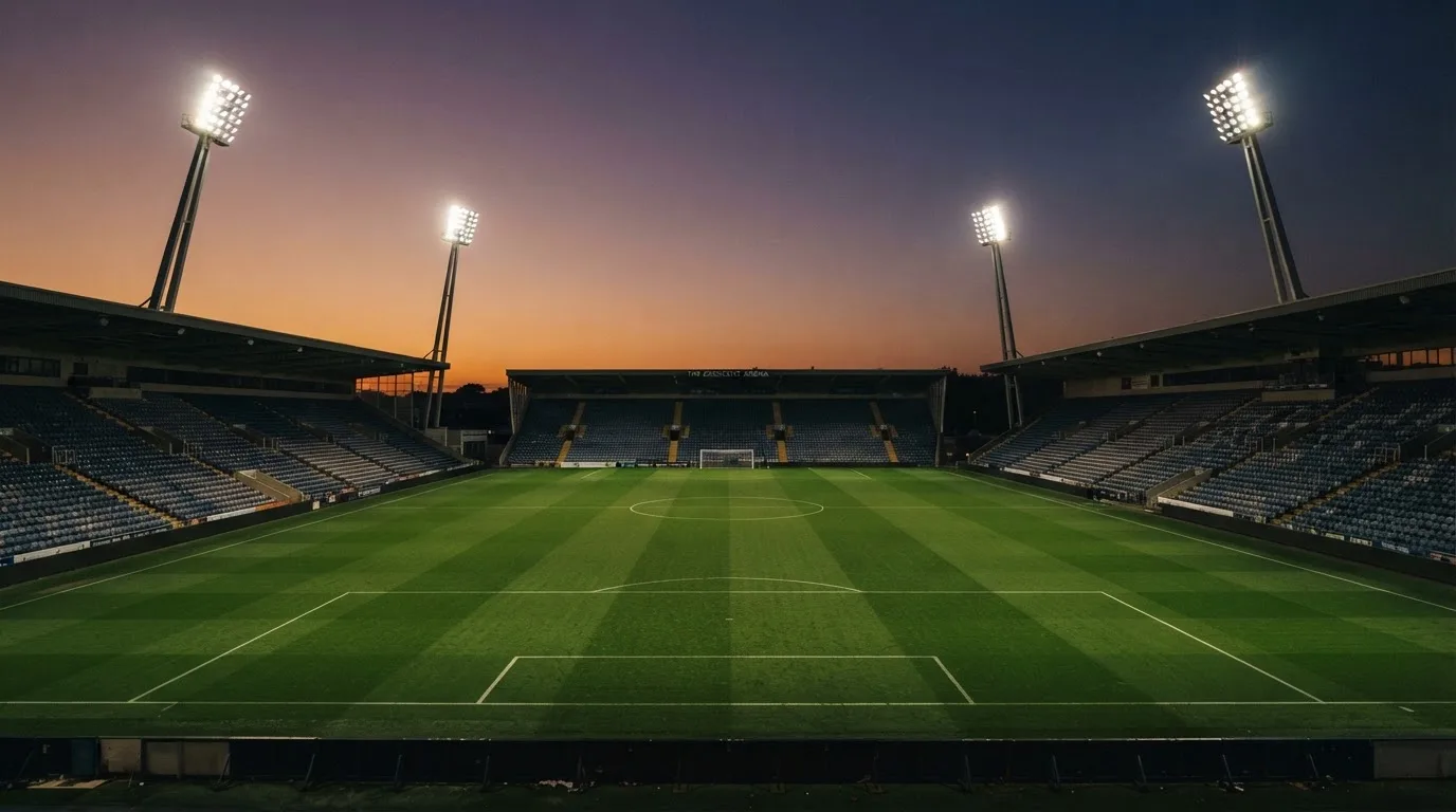An empty football stadium with floodlight masts at dusk
