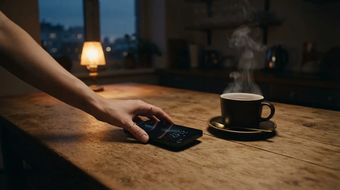 A hand setting a smartphone down beside a cup of tea on a kitchen table on a quiet evening