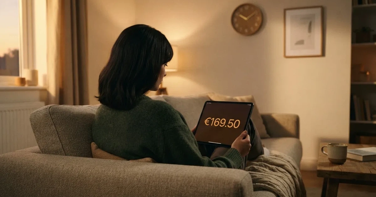 A person on a sofa looking thoughtfully at a tablet, a wall clock in the background
