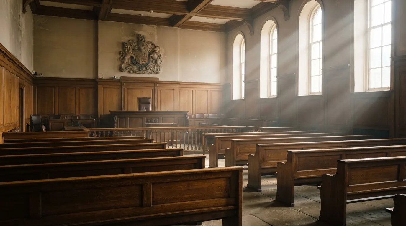 An empty courtroom with wooden benches in morning light