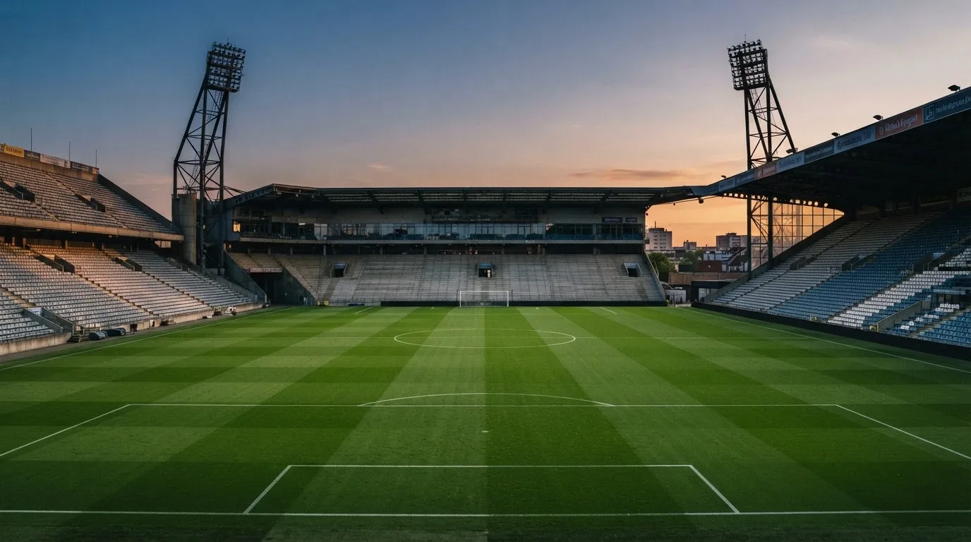 An empty football stadium with floodlight masts at dusk