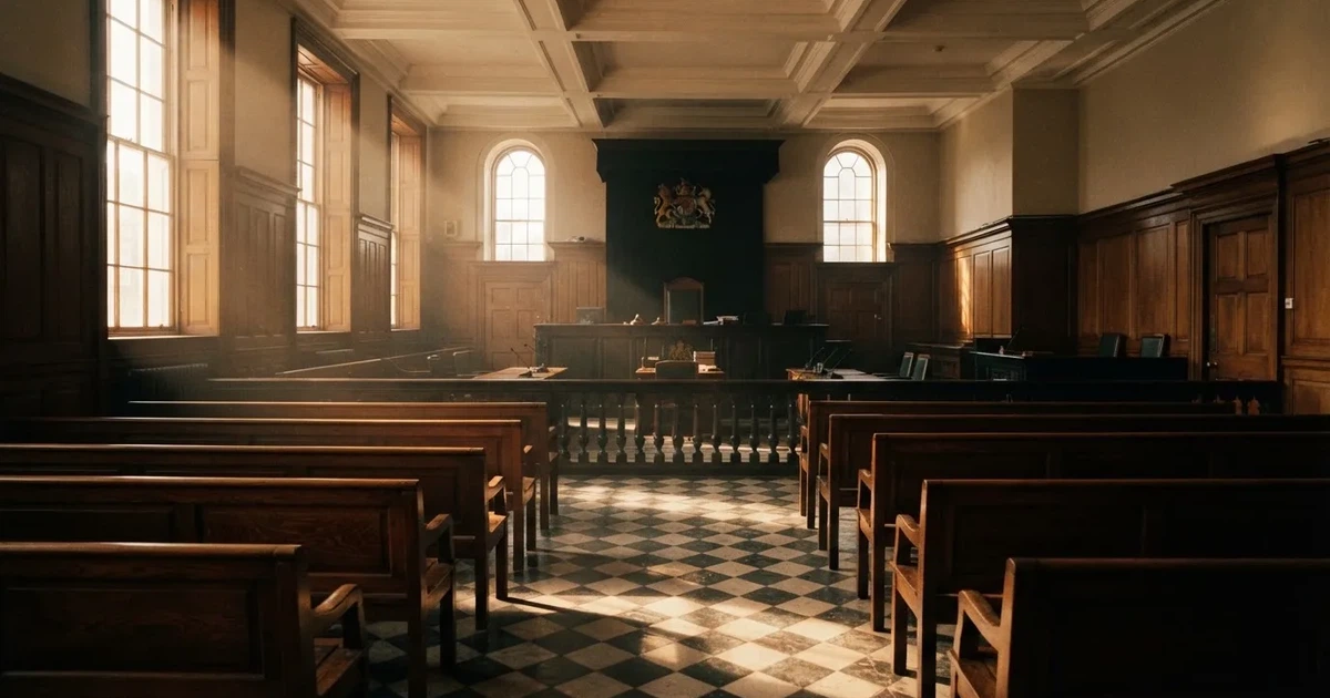 An empty courtroom with wooden benches in morning light