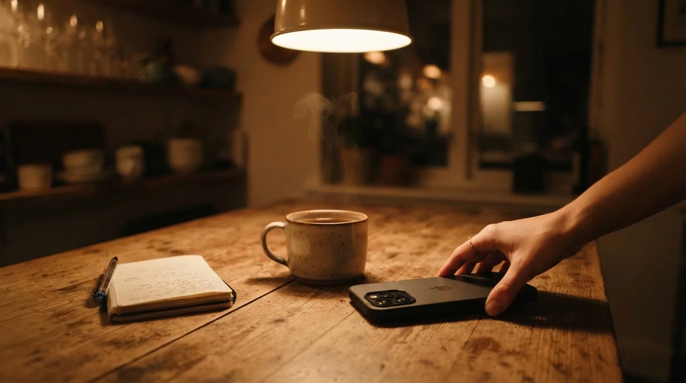 A hand setting a smartphone down beside a cup of tea on a kitchen table on a quiet evening