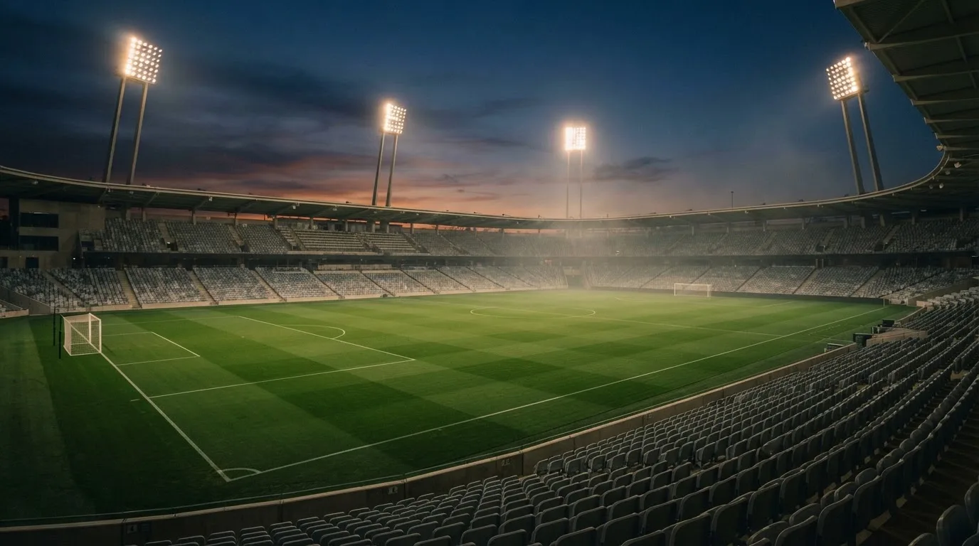An empty football stadium with floodlight masts at dusk