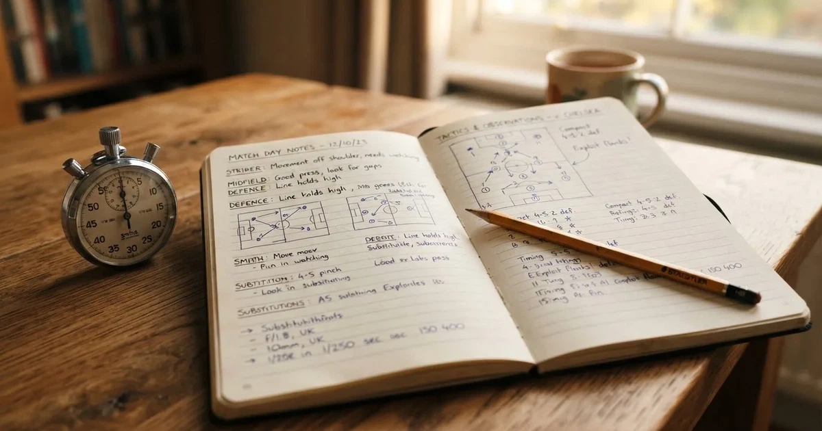 An open notebook with a pencil and a stopwatch on a wooden table