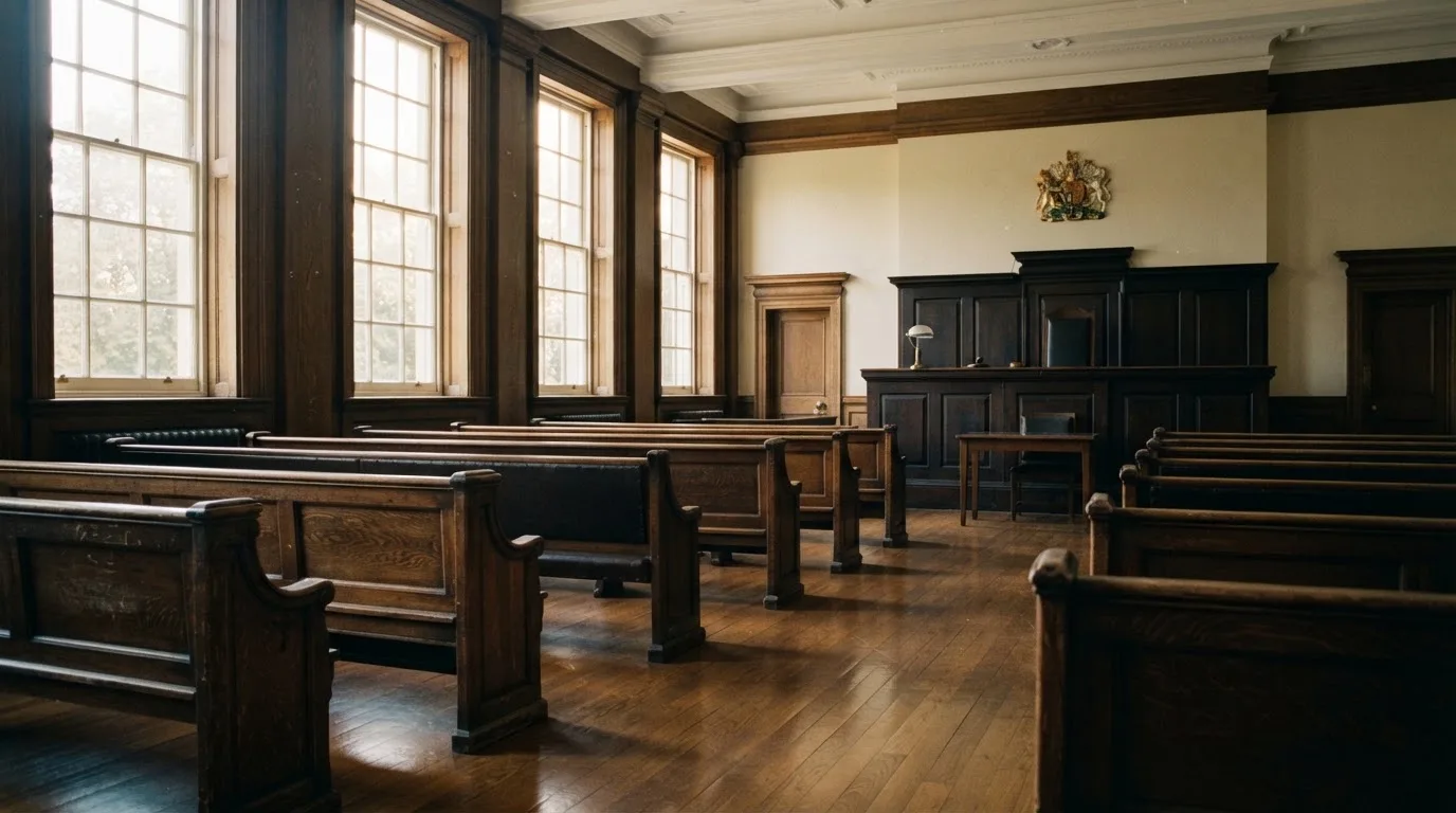 An empty courtroom with wooden benches in morning light