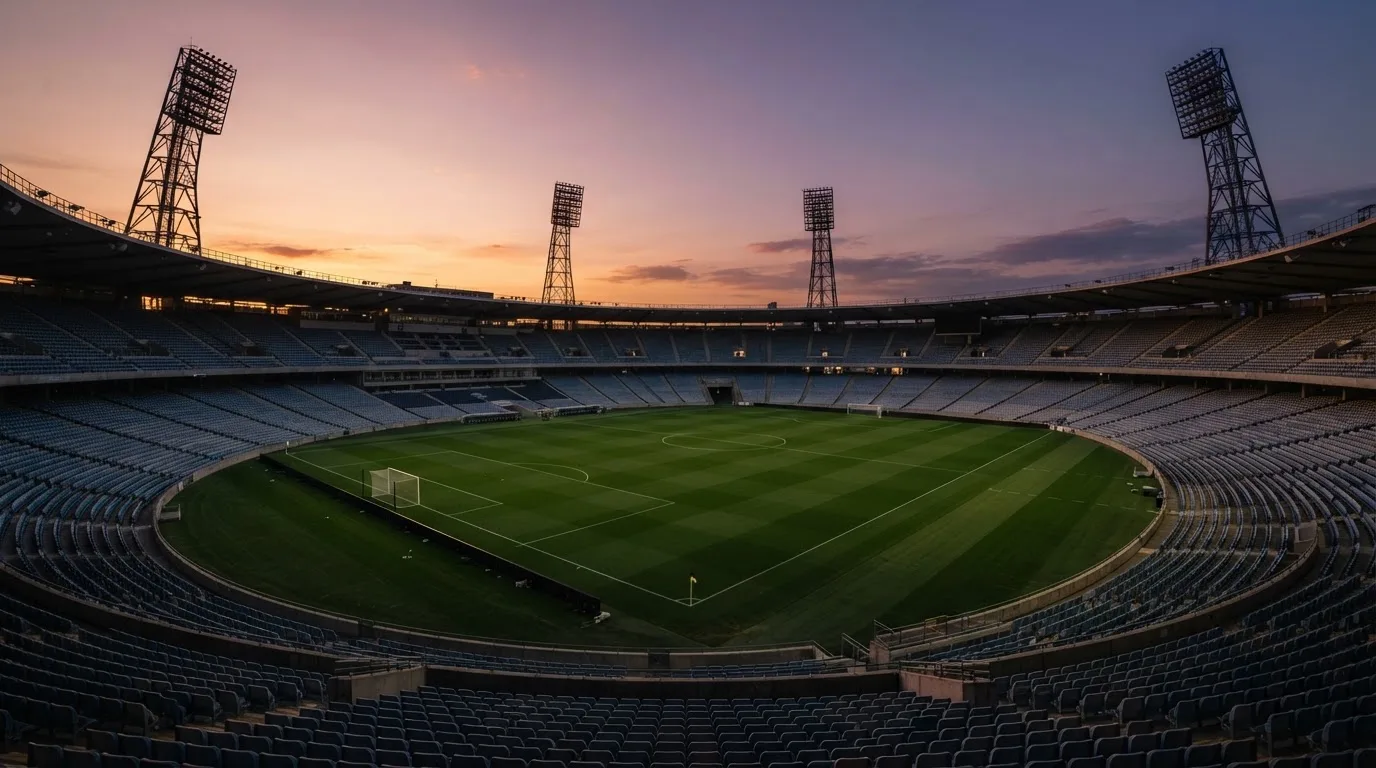 An empty football stadium with floodlight masts at dusk