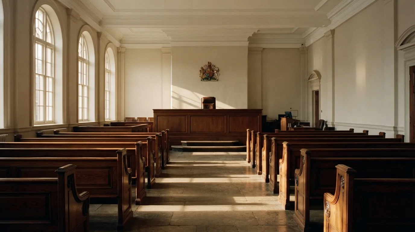 An empty courtroom with wooden benches in morning light