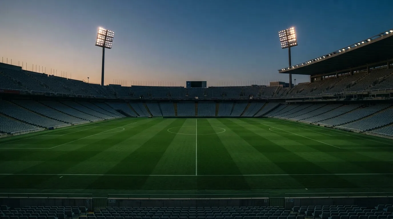An empty football stadium with floodlight masts at dusk
