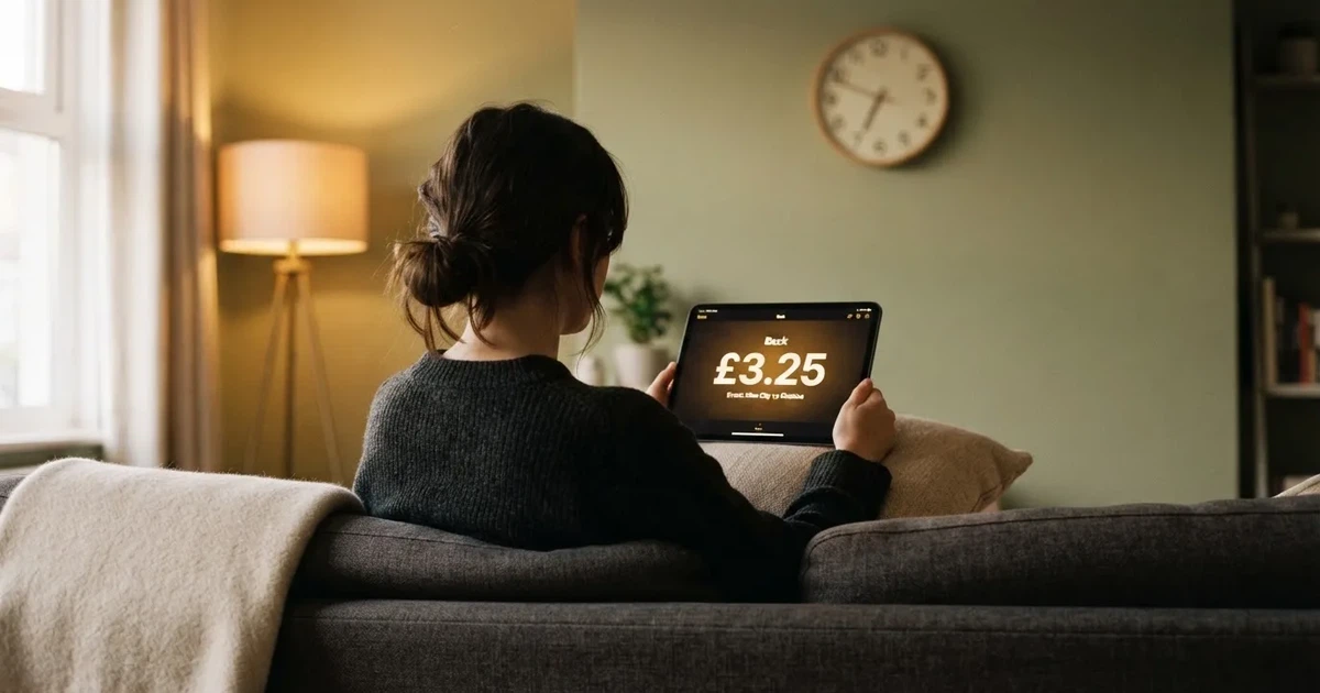 A person on a sofa looking thoughtfully at a tablet, a wall clock in the background