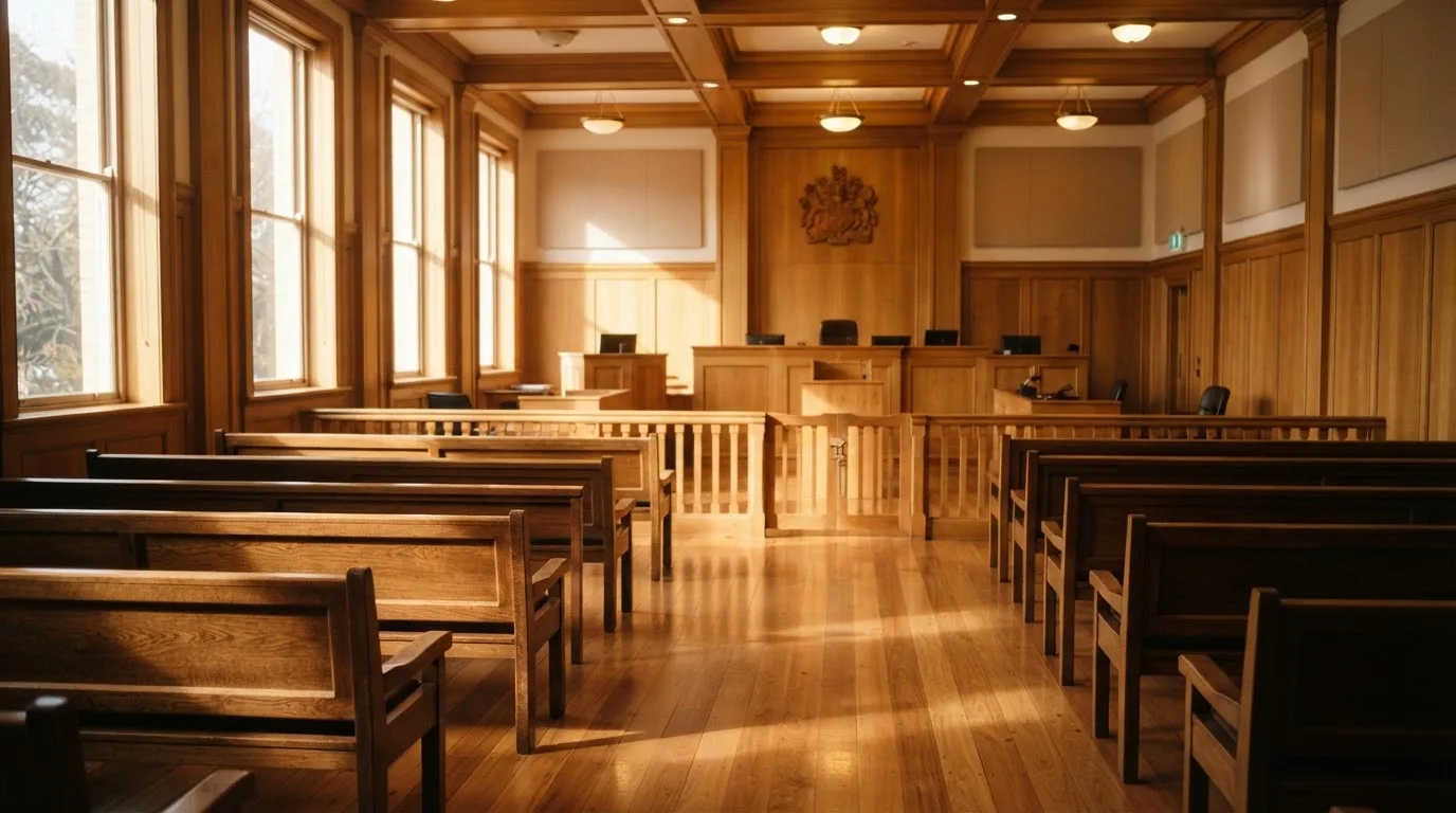 An empty courtroom with wooden benches in morning light