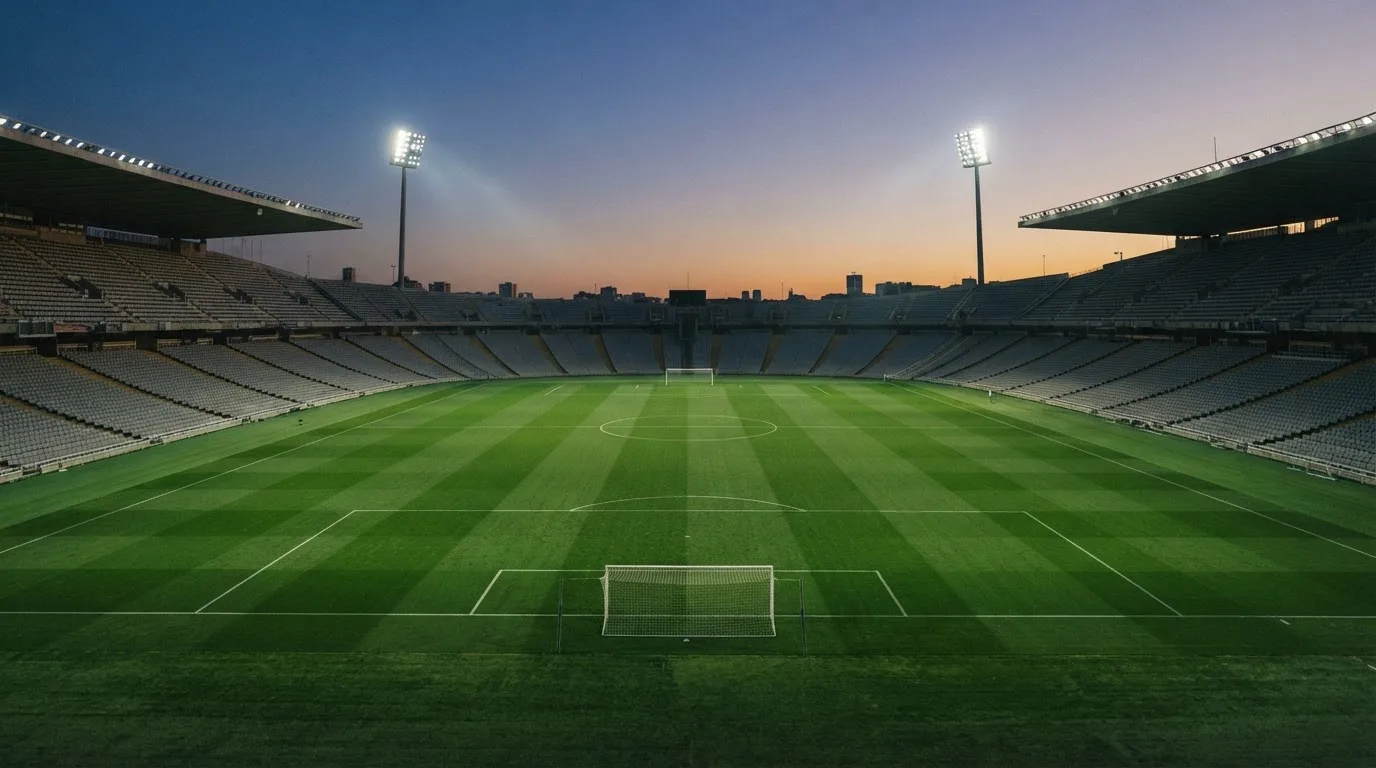 An empty football stadium with floodlight masts at dusk