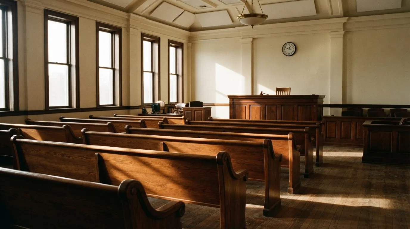 An empty courtroom with wooden benches in morning light
