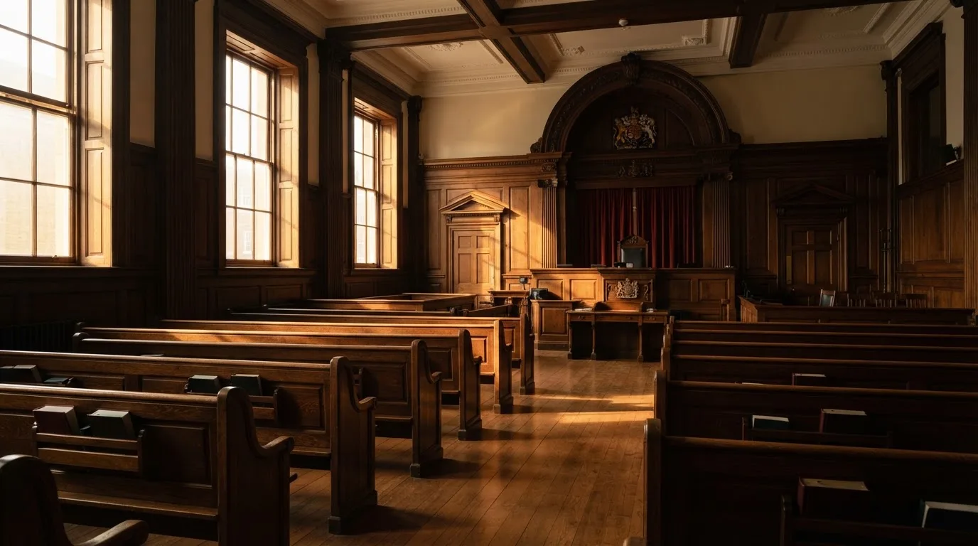 An empty courtroom with wooden benches in morning light
